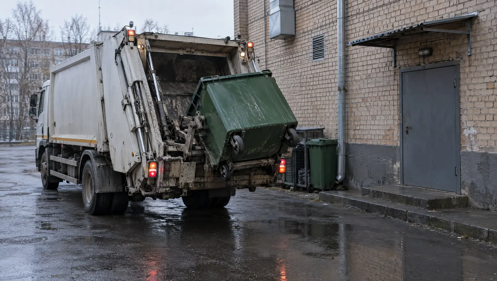 Мусоровоз подрядчика опорожняет контейнер за зданием ресторана