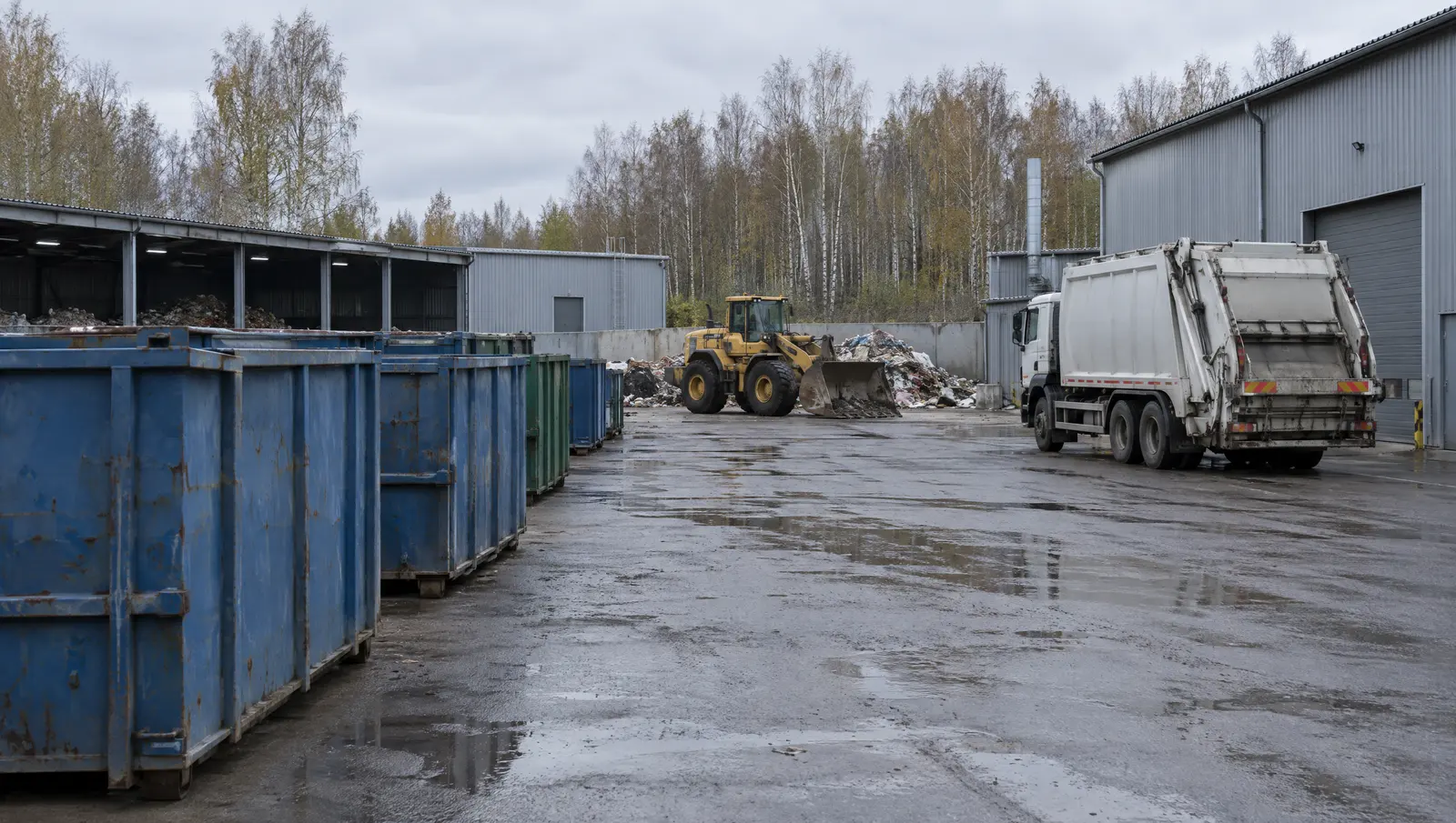 Площадка оператора по обращению с отходами: контейнеры, погрузчик, мусоровоз